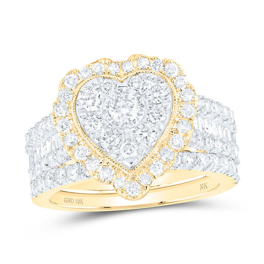 10K Yellow Gold Round Diamond Heart Bridal Wedding Ring Band Set 2 Ctw, Womens Size 7