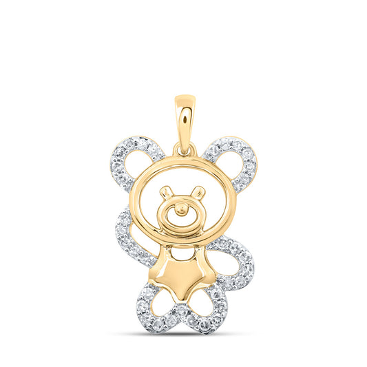 10K Yellow Gold Womens Round Diamond Teddy Bear Animal Pendant 1/6 Cttw