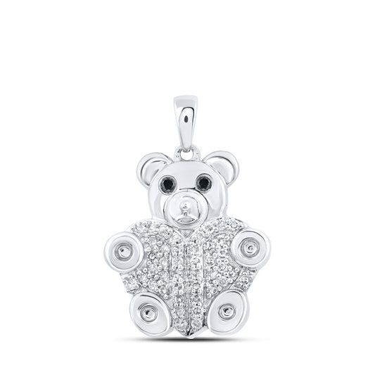 10K White Or Yellow Gold Womens Round Black Color Treated Diamond Bear Animal Pendant
