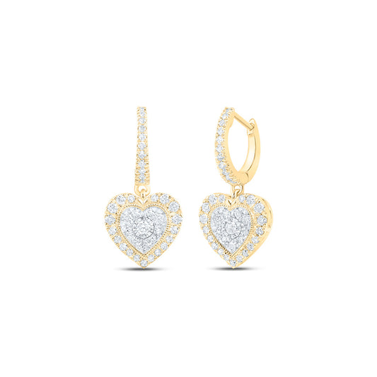 10K Yellow Gold Womens Round Diamond Heart Dangle Earrings 5/8 Cttw
