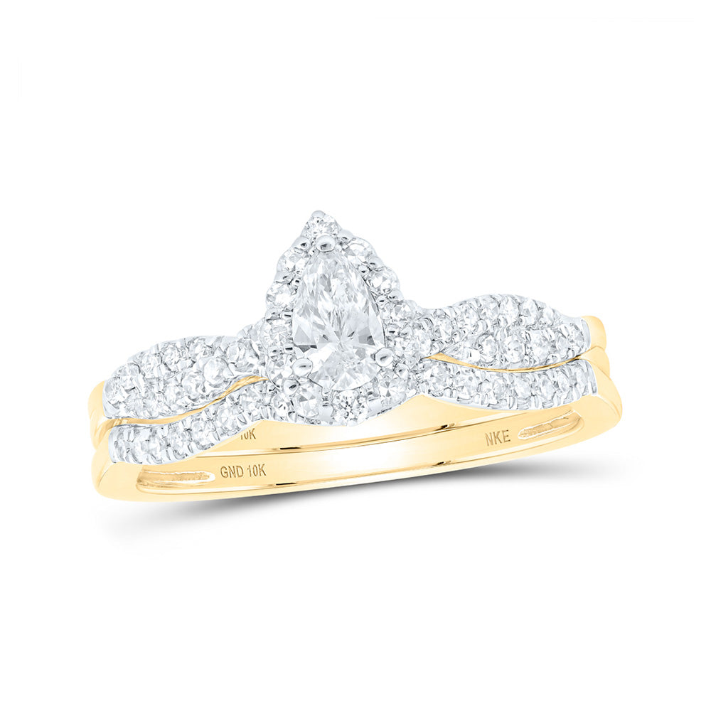 10K White Or Yellow Gold Pear Diamond Halo Bridal Wedding Ring Band Set , Womens Size: 5-10