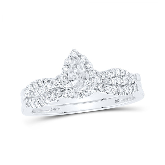 10K White Or Yellow Gold Pear Diamond Halo Bridal Wedding Ring Band Set , Womens Size: 5-10
