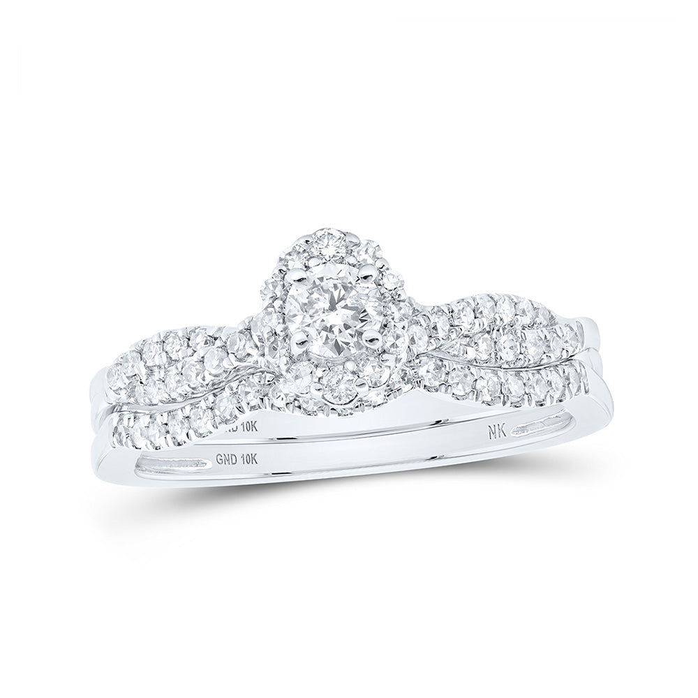 10K White Gold Round Diamond Halo Bridal Wedding Ring Band Set 1/2 Cttw, Womens Size: 5-10