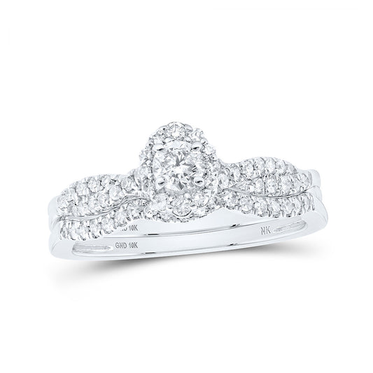 10K White Gold Round Diamond Halo Bridal Wedding Ring Band Set 1/2 Cttw, Womens Size: 5-10