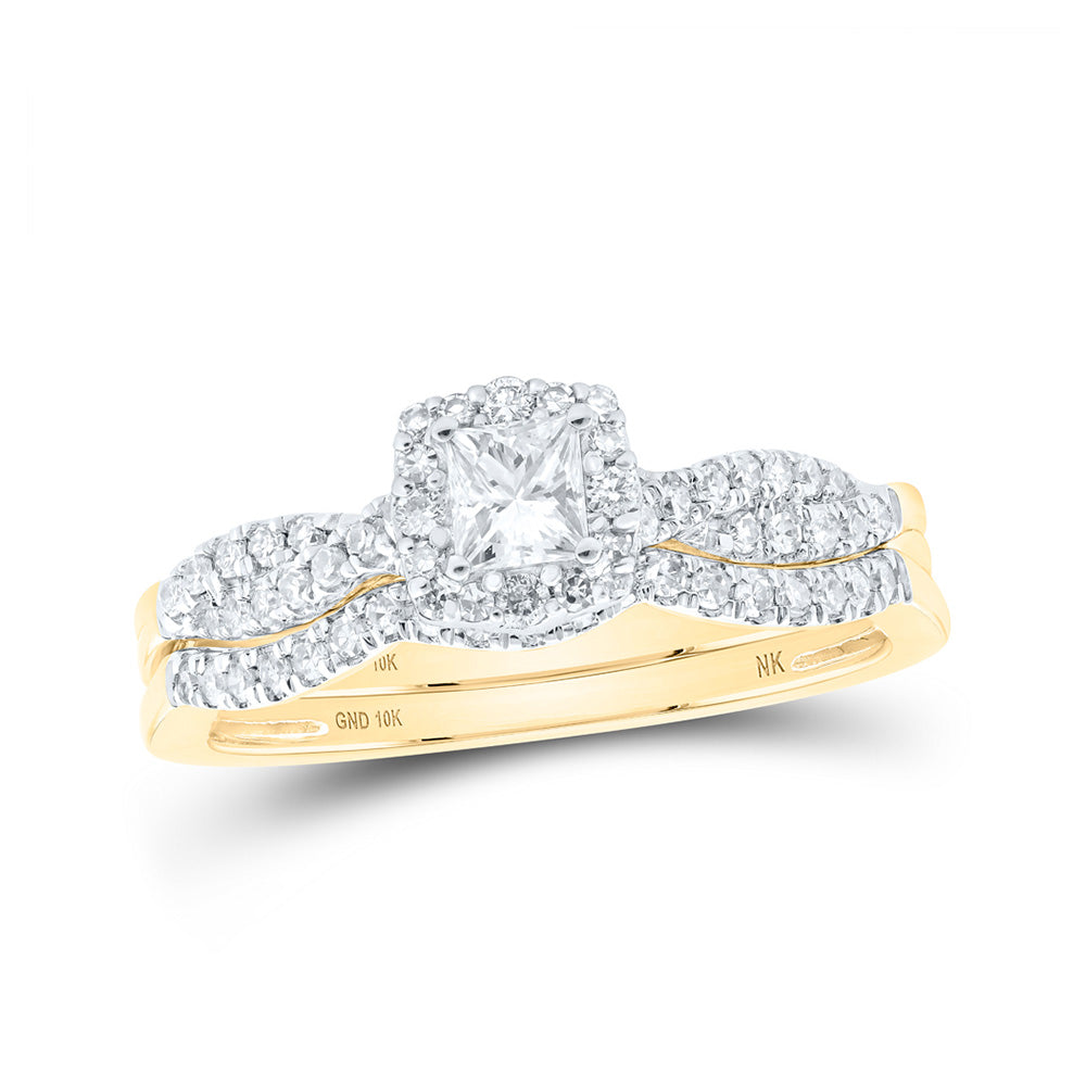 10K White Or Yellow Gold Princess Diamond Halo Bridal Wedding Ring Band Set , Womens Size: 5-10