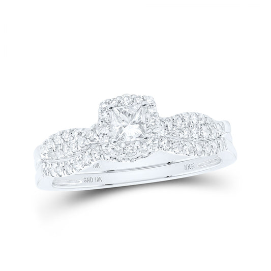 10K White Or Yellow Gold Princess Diamond Halo Bridal Wedding Ring Band Set , Womens Size: 5-10