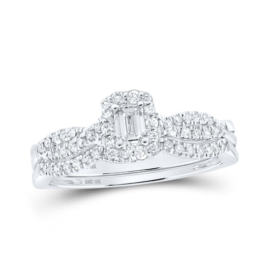 10K White Or Yellow Gold Emerald Diamond Halo Bridal Wedding Ring Band Set , Womens Size: 5-10