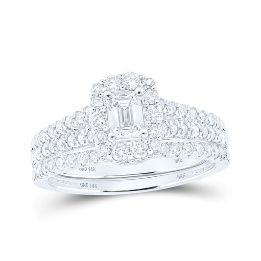 14K White Or Yellow Gold Emerald Diamond Halo Bridal Wedding Ring Band Set , Womens Size: 5-10