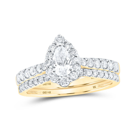 14K Yellow Gold Pear Diamond Halo Bridal Wedding Ring Band Set 1 Cttw, Womens Size: 5-10