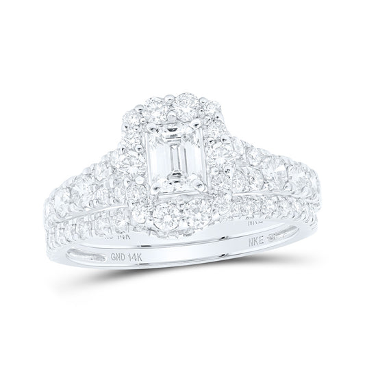 14K White Or Yellow Gold Emerald Diamond Halo Bridal Wedding Ring Band Set, Womens Size: 5-10