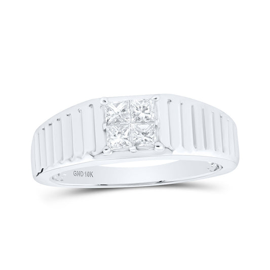 10K White Or Yellow Gold Mens Princess Diamond Ribbed Shank Band Ring , Mens Size: 7-13