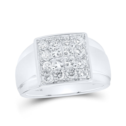 10K White Gold Mens Princess Diamond Square Ring 1-1/2 Cttw, Mens Size: 7-13