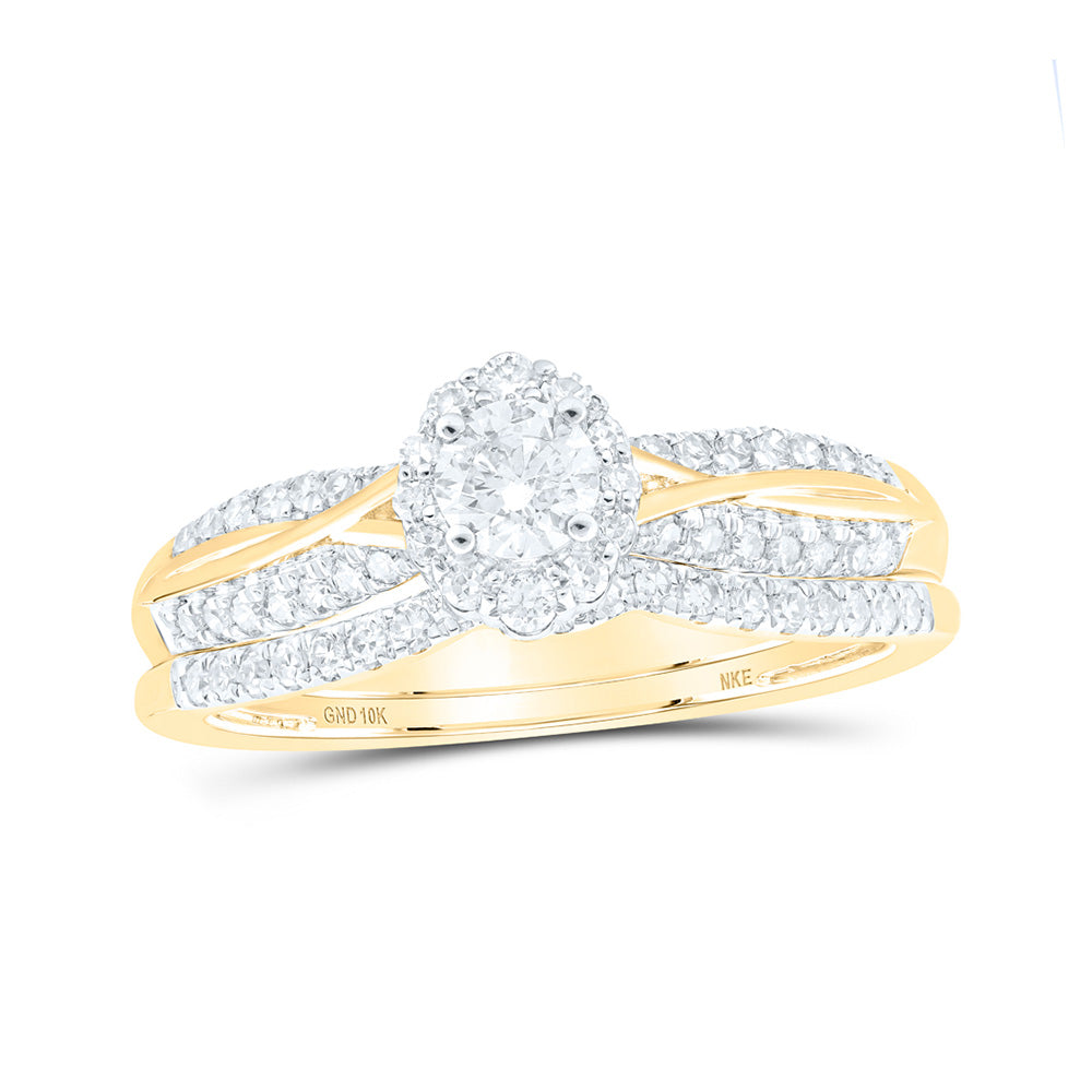 10K White Or Yellow Gold Round Diamond Halo Bridal Wedding Ring Band Set , Womens Size: 5-10
