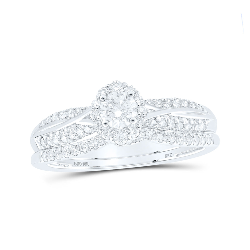 10K White Or Yellow Gold Round Diamond Halo Bridal Wedding Ring Band Set , Womens Size: 5-10