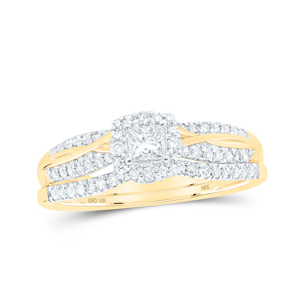 10K White Or Yellow Gold Princess Diamond Halo Bridal Wedding Ring Band Set , Womens Size: 5-10