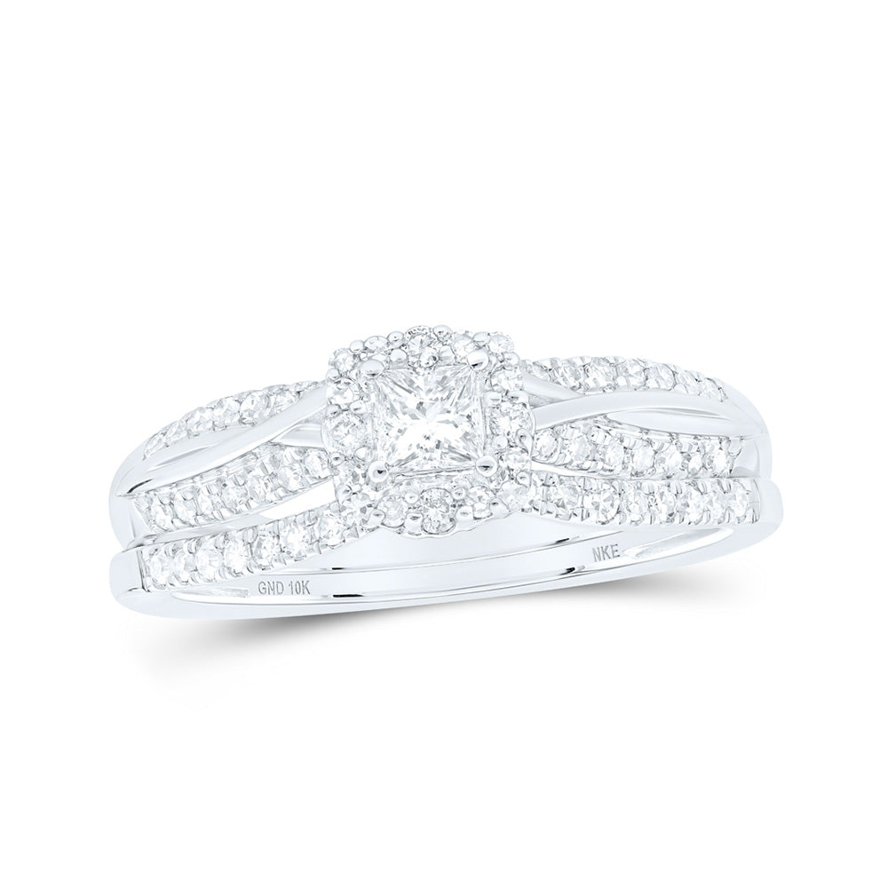 10K White Or Yellow Gold Princess Diamond Halo Bridal Wedding Ring Band Set , Womens Size: 5-10