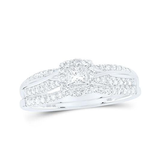 10K White Or Yellow Gold Princess Diamond Halo Bridal Wedding Ring Band Set , Womens Size: 5-10