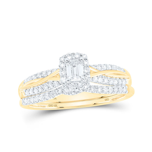 10K Yellow Gold Emerald Diamond Halo Bridal Wedding Ring Band Set 1/2 Cttw, Womens Size: 5-10