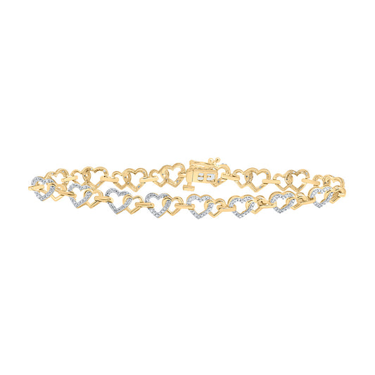 10K Yellow Gold Womens Round Diamond Heart Bracelet 1/4 Cttw