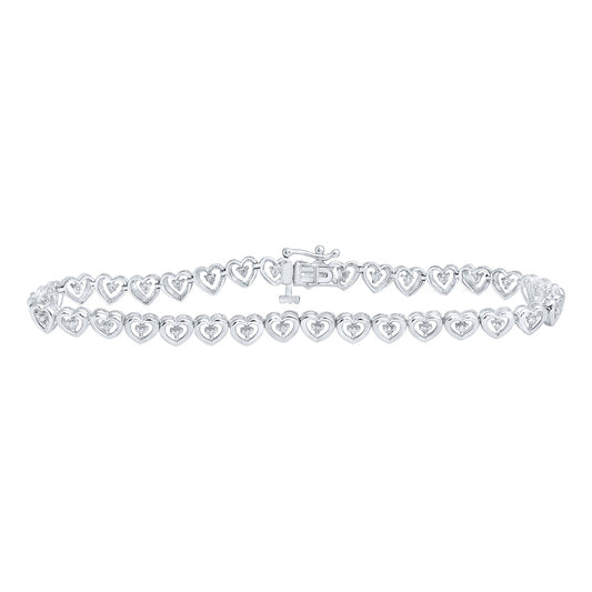 10K White Gold Womens Round Diamond Heart Bracelet 1/4 Cttw