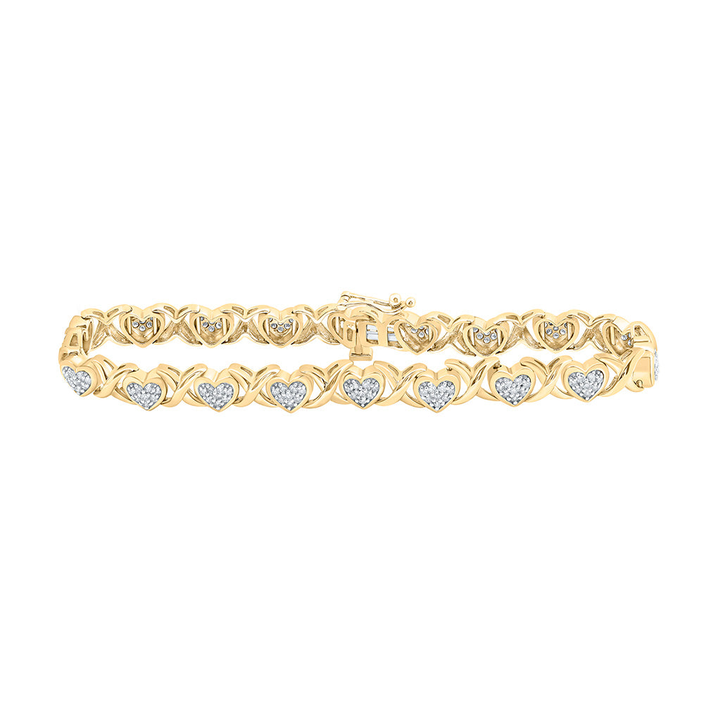 10K Yellow Gold Womens Round Diamond Heart Fashion Bracelet 1 Cttw, Width: 0.24 In