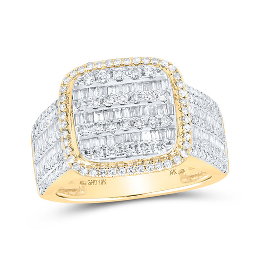 10K Yellow Gold Mens Baguette Diamond Square Ring 2 Cttw, Mens Size: 7-13