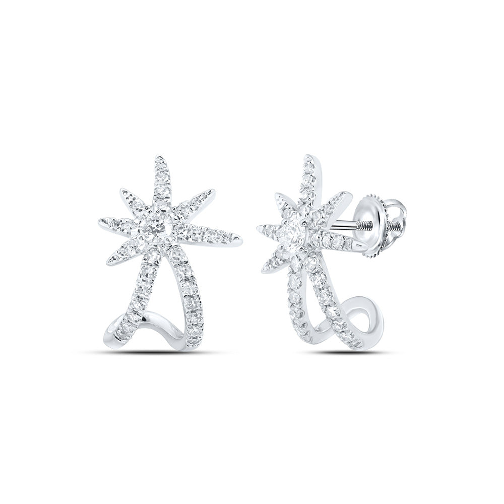 10K White Gold Womens Round Diamond Lobe Half Hoop Earrings 3/8 Cttw
