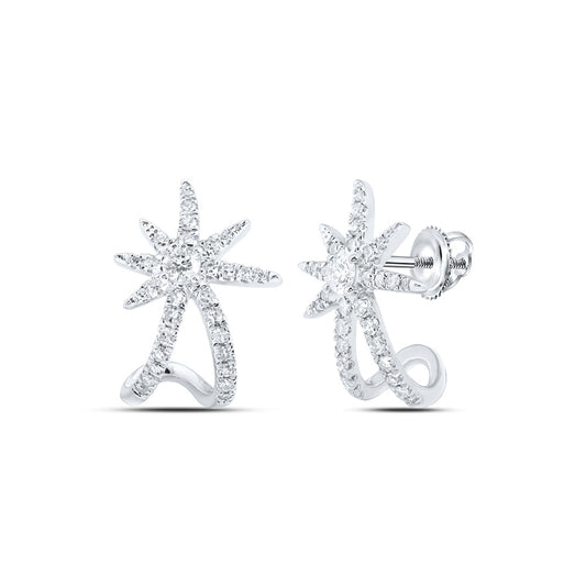 10K White Gold Womens Round Diamond Lobe Half Hoop Earrings 3/8 Cttw