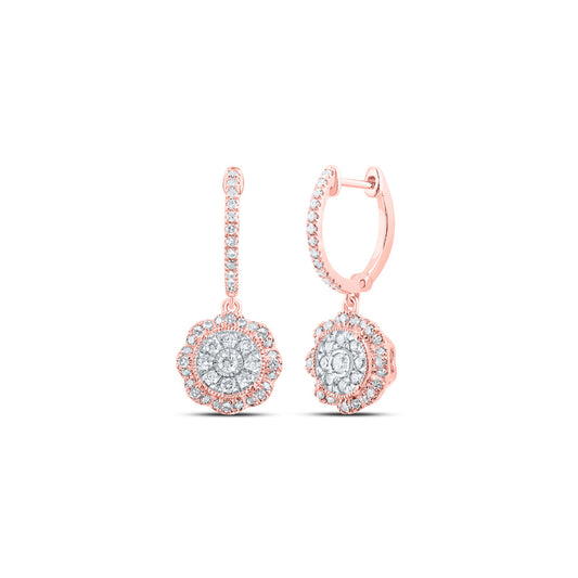 10K Yellow Or White Or Rose Gold Womens Round Diamond Hoop Dangle Earrings