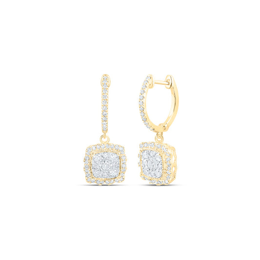 10K Yellow Gold Womens Round Diamond Hoop Square Dangle Earrings 7/8 Cttw