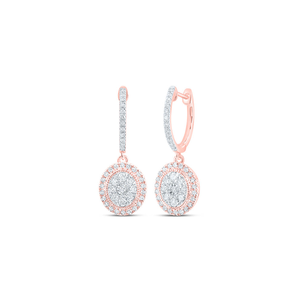 10K Yellow Or White Or Rose Gold Womens Round Diamond Hoop Oval Dangle Earrings