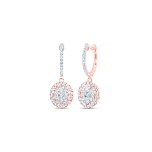 10K Yellow Or White Or Rose Gold Womens Round Diamond Hoop Oval Dangle Earrings