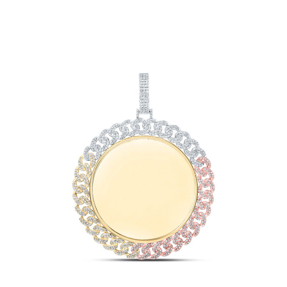10K Tri-Tone Gold Mens Round Diamond Memory Circle Charm Pendant 2 Cttw