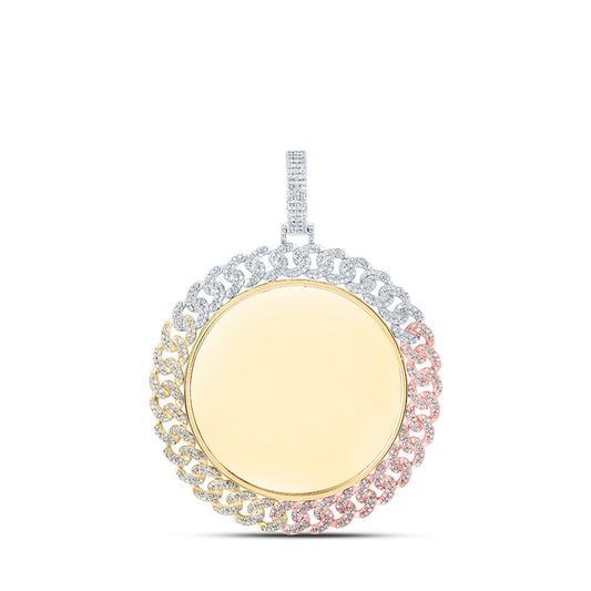 10K Tri-Tone Gold Mens Round Diamond Memory Circle Charm Pendant 2 Cttw