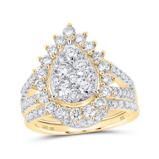 10K Yellow Or White Or Rose Gold Round Diamond Teardrop Bridal Wedding Ring Band Set , Womens Size: 5-10
