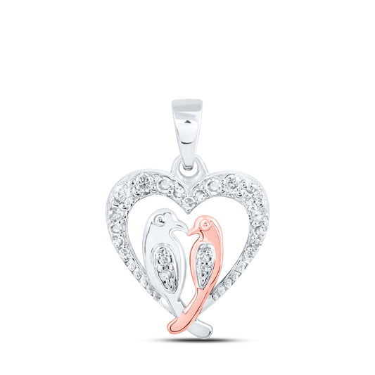 10K White Gold Womens Round Diamond Love Birds Heart Pendant 1/8 Cttw