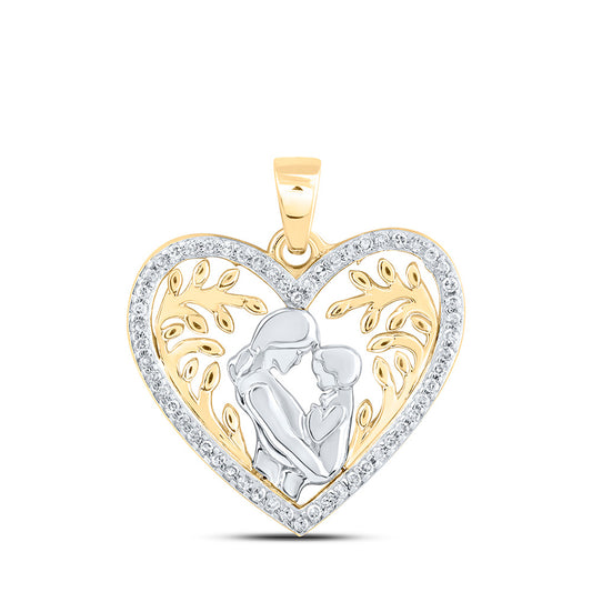 10K Yellow Gold Womens Round Diamond Mom Child Heart Pendant 1/10 Cttw