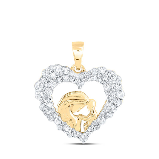 10K Yellow Gold Womens Round Diamond Mom Child Heart Pendant 3/8 Cttw