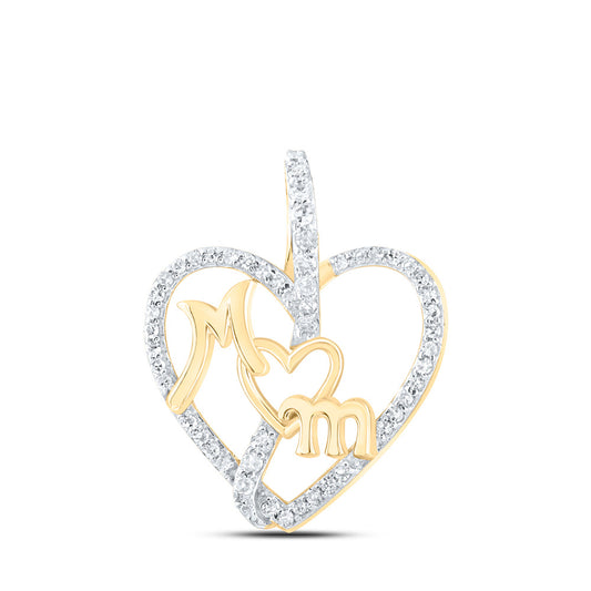 10K Yellow Gold Womens Round Diamond Mom Heart Pendant 1/8 Cttw