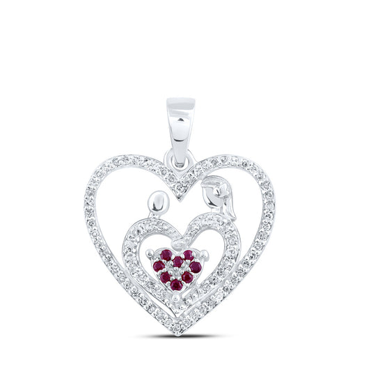 10K White Gold Womens Round Ruby Mom Heart Pendant 1/5 Cttw