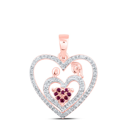 10K Yellow Or Rose Gold Womens Round Ruby Mom Child Heart Pendant