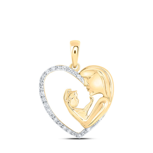 10K Yellow Gold Womens Round Diamond Mom Child Heart Pendant 1/10 Cttw