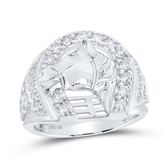 10K White Or Yellow Gold Mens Round Diamond Horseshoe Ring , Mens Size: 7-13