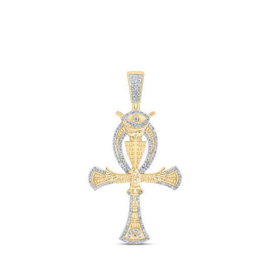 10K Yellow Gold Mens Round Diamond Ankh Eye Cross Charm Pendant 1-1/5 Cttw