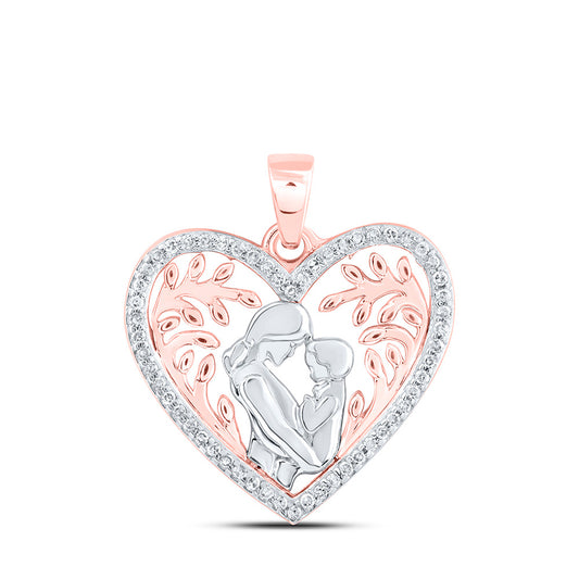 10K Rose Gold Womens Round Diamond Mom Child Heart Pendant 1/10 Cttw