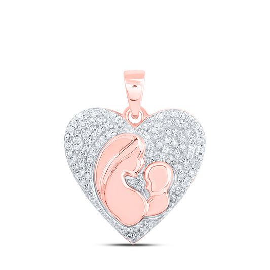 10K Rose Gold Womens Round Diamond Mom Child Heart Pendant 1/5 Cttw