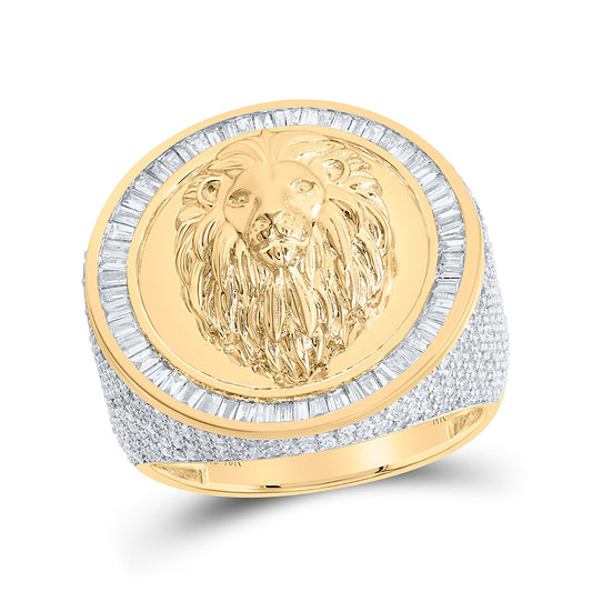 10K Yellow Gold Mens Round Diamond Lion Face Circle Ring 2-1/3 Cttw, Mens Size: 7-13