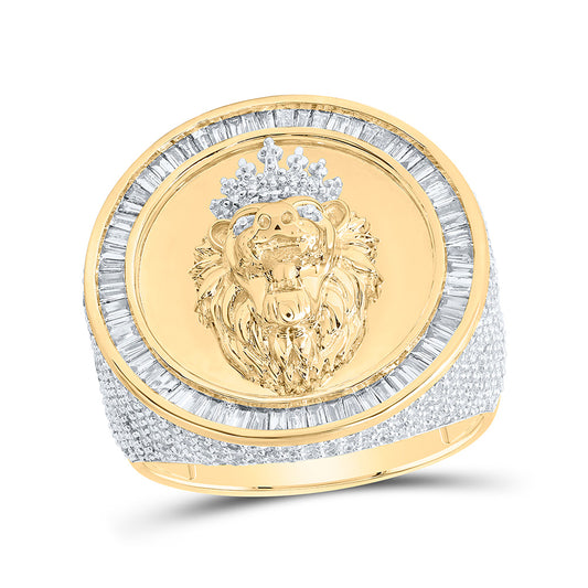 10K Yellow Gold Mens Round Diamond Lion Face Circle Ring 2-3/8 Cttw, Mens Size: 7-13