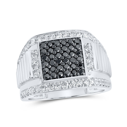10K White Gold Mens Round Black Color Treated Diamond Square Ring 1-5/8 Cttw, Mens Size: 7-13