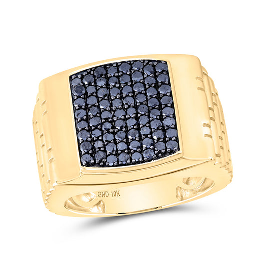 10K Yellow Gold Mens Round Black Color Treated Diamond Square Ring 1-1/2 Cttw, Mens Size: 7-13